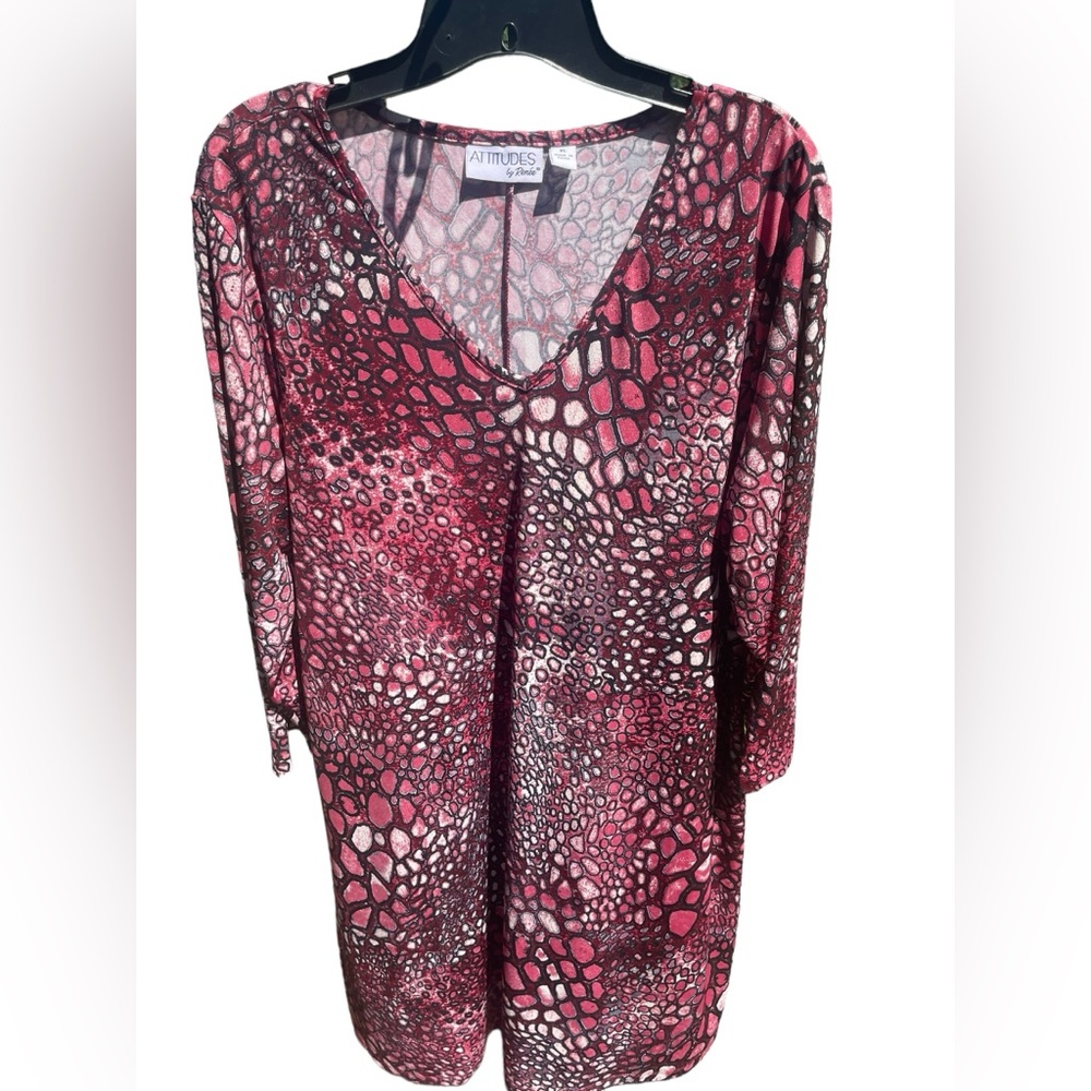 Attitudes by‎ Renee Red Cream Black Reptile Pattern 3/4 length sleeves  dress